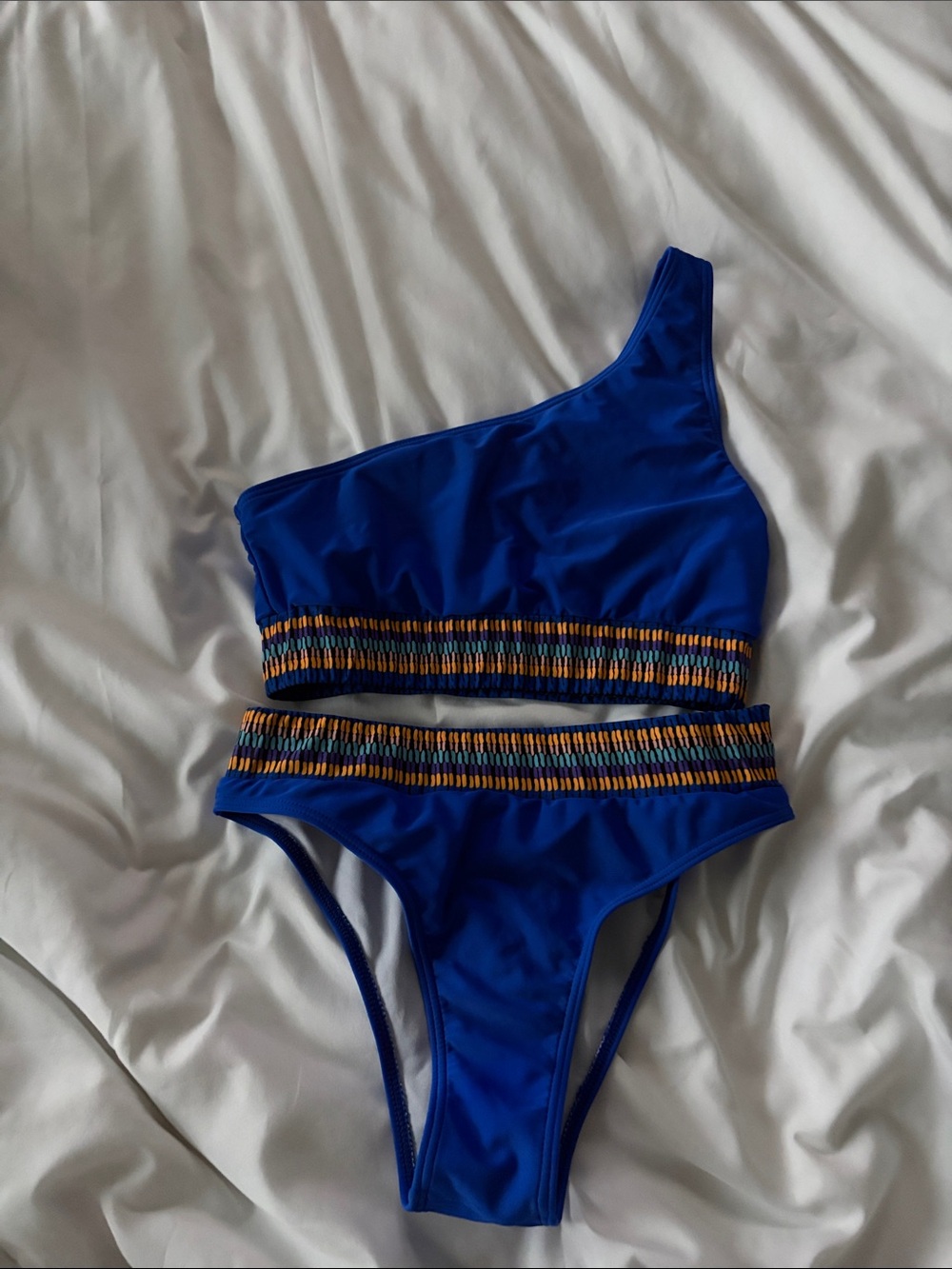 SHEIN Royal Blue One-Shoulder Bikini with Multicolor Smocked Bands